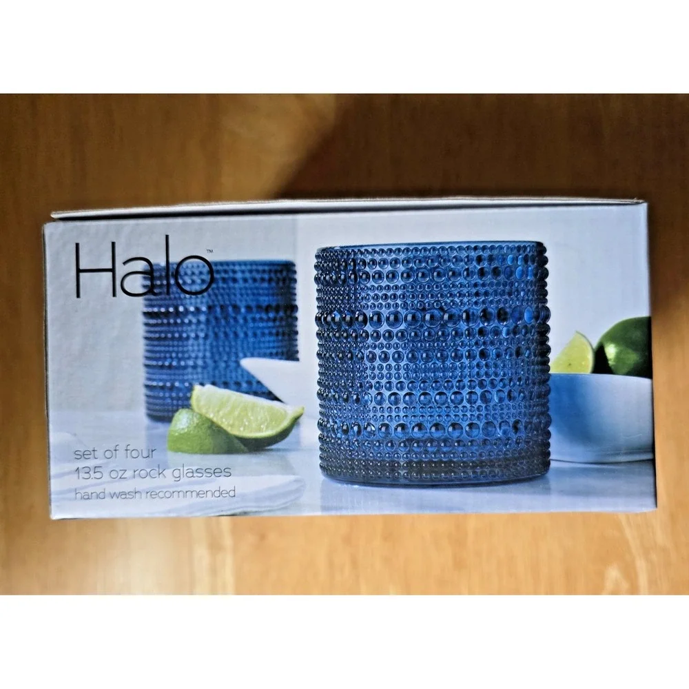 Halo Blue Hobnail 13.5 oz Rocks Glasses Set of 4 Cocktail Whiskey NIB